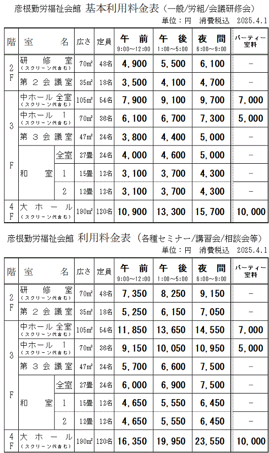 基本利用料金表